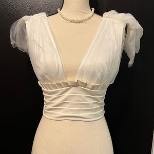 White Tulle and Faux Leather Plunge Crop top